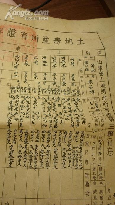 1951年沂水县第七区燕子湖村（今沂南县铜井镇燕子湖村孔现同土地房产所有证