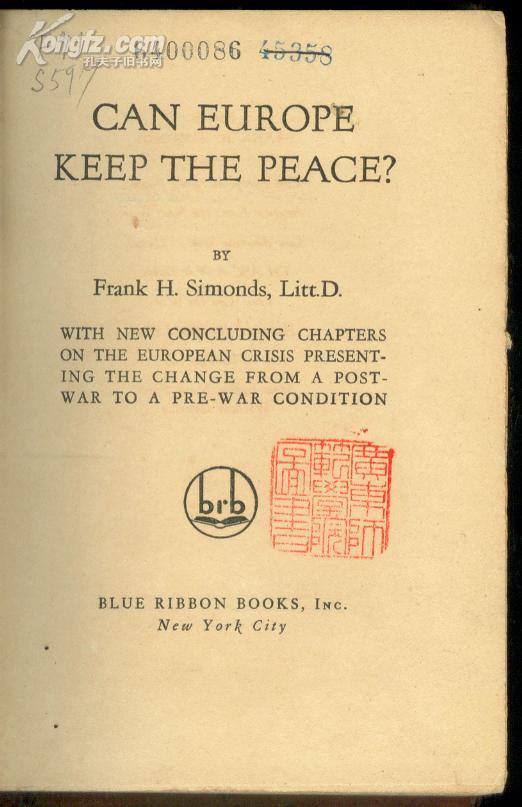 Can Europe Keep The Peace? 欧洲能否保持和平 英文版 1934年出版