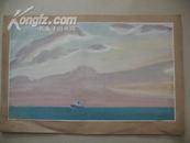70年代大海风景水粉画（作者不详尺寸32X12厘米）、、