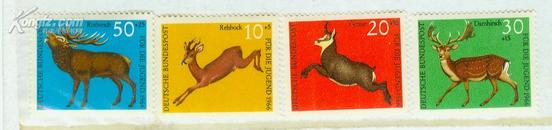 德国-1966年野生动物1套-马鹿、岩羚羊、黄占鹿等4全新