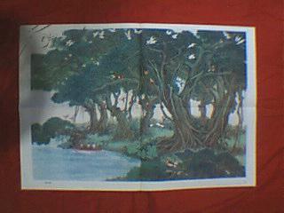 老画家刘逸枫根据巴金的同名散文创作的国画：鸟的天堂（此为对开画，宽76厘米，高52厘米；表现的是小河畔古树葱茏、百鸟声喧的奇异景色；印刷品；原为教学挂图）