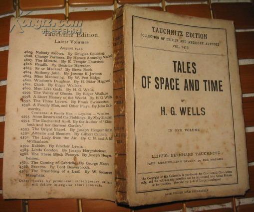 TAUCHNITZ  EDITION COLLECTION OF BRITISH AND AMERICAN AUTHORS :TALES OF SPACE AND TIME    [故事的时间和空间 威尔斯著] 毛边本  1900年版