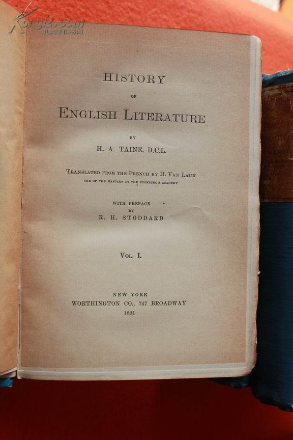 History of English Literature  1891年老版本 泰纳：英国文学史4卷本（全）布面精装毛边本  书上侧烫金 装帧精美 