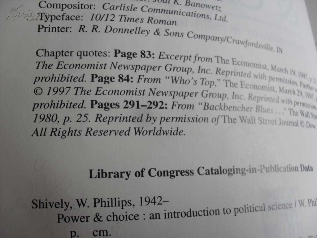 英文                             插图本  权力及选择：政治学导论  Power & Choice: An Introduction to Political Science by W. Phillips Shively