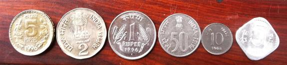 印度 硬币6枚：1996年5卢比，1卢比，1995年2卢比，1988年50和10派士，1991年5派士