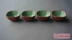 【珍品茶具】1950年代绿釉海棠形紫砂茶杯（1套4个齐售），文房用具，干净，可以用，喜欢茶艺茶道的朋友莫要错过。