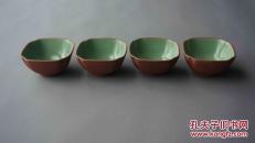 【珍品茶具】1950年代绿釉海棠形紫砂茶杯（1套4个齐售），文房用具，干净，可以用，喜欢茶艺茶道的朋友莫要错过。..