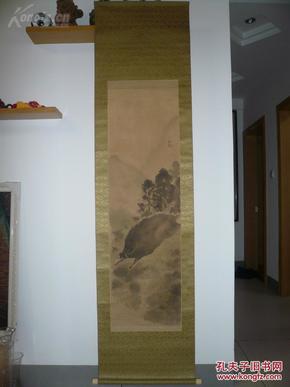 [清]  精品日本古画！ 千穗款 《丛林野猪图》 122 cm×  36 cm，绢本水墨，原装原裱。非常精美，收藏品佳！