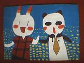 儿童画：兔兔和猫猫（此为绘画原作，非印品；其尺寸大小为：宽26厘米，高18.5厘米）