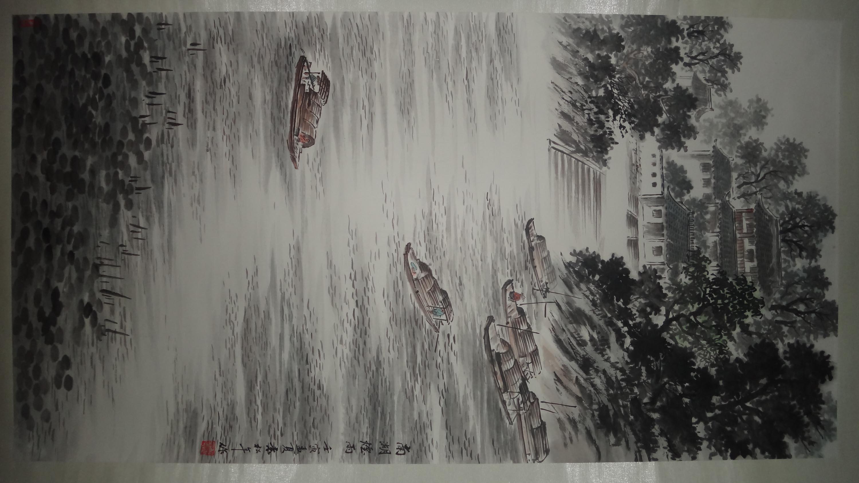 名人山水画“南湖烟雨”中堂一幅  请自鉴