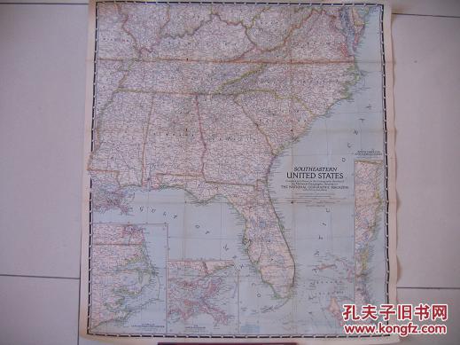 英文原版地图《SOUTHEASTERN UNITED STATES》（即《美国东南部》。约76X67厘米，稀见）