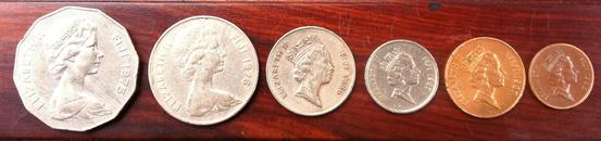 斐济 硬币6枚：1975年50分，1976年20分，1986年10分，1987年5分2分和1992年1分