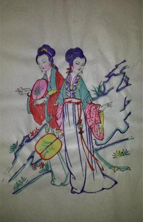 稀见小精品*老木版年画版画*70年代潍坊年画社作品*姐妹踏青值得收藏