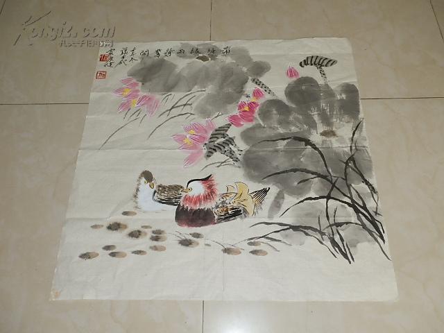 贾广健 花鸟“蒲塘绿雨鸳鸯闲”66*65cm