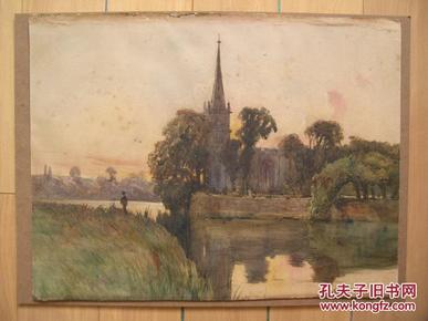 英国早期水彩画large framed antique landscape watercolour paintings river & Church