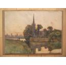 英国早期水彩画large framed antique landscape watercolour paintings river & Church