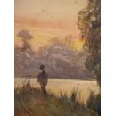 英国早期水彩画large framed antique landscape watercolour paintings river & Church