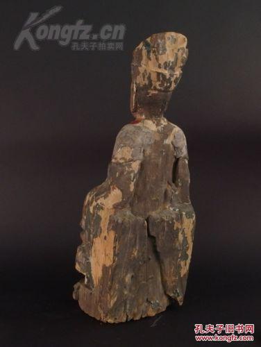 美国回来，尺寸巨大，明代或更早的彩绘人物木雕，高度：68cm.