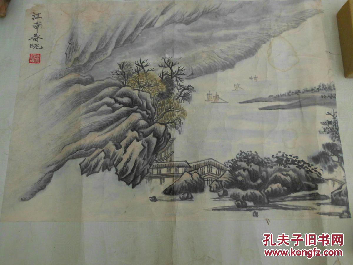 老画一幅，国画小品“江南春晓”43x31cm，老裱。