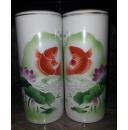 全品手绘三彩红鲤鱼荷花图帽筒一对包老精美漂亮家庭摆设寓意好