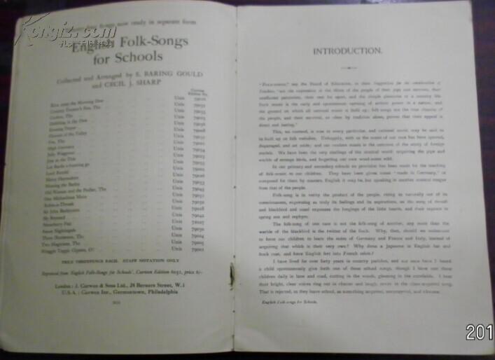 《English Folk- songs fror schools》Eighteenth Edition  London：J，Curwcn & Sons Ltd.，24 Berers Street，…