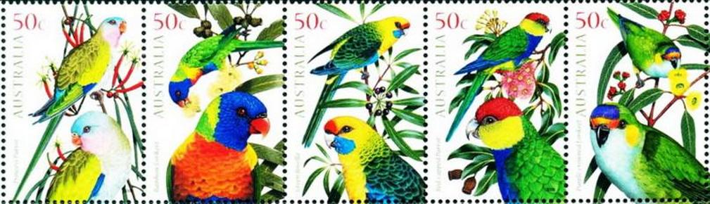 澳大利亚邮票鹦鹉5联一套漂亮