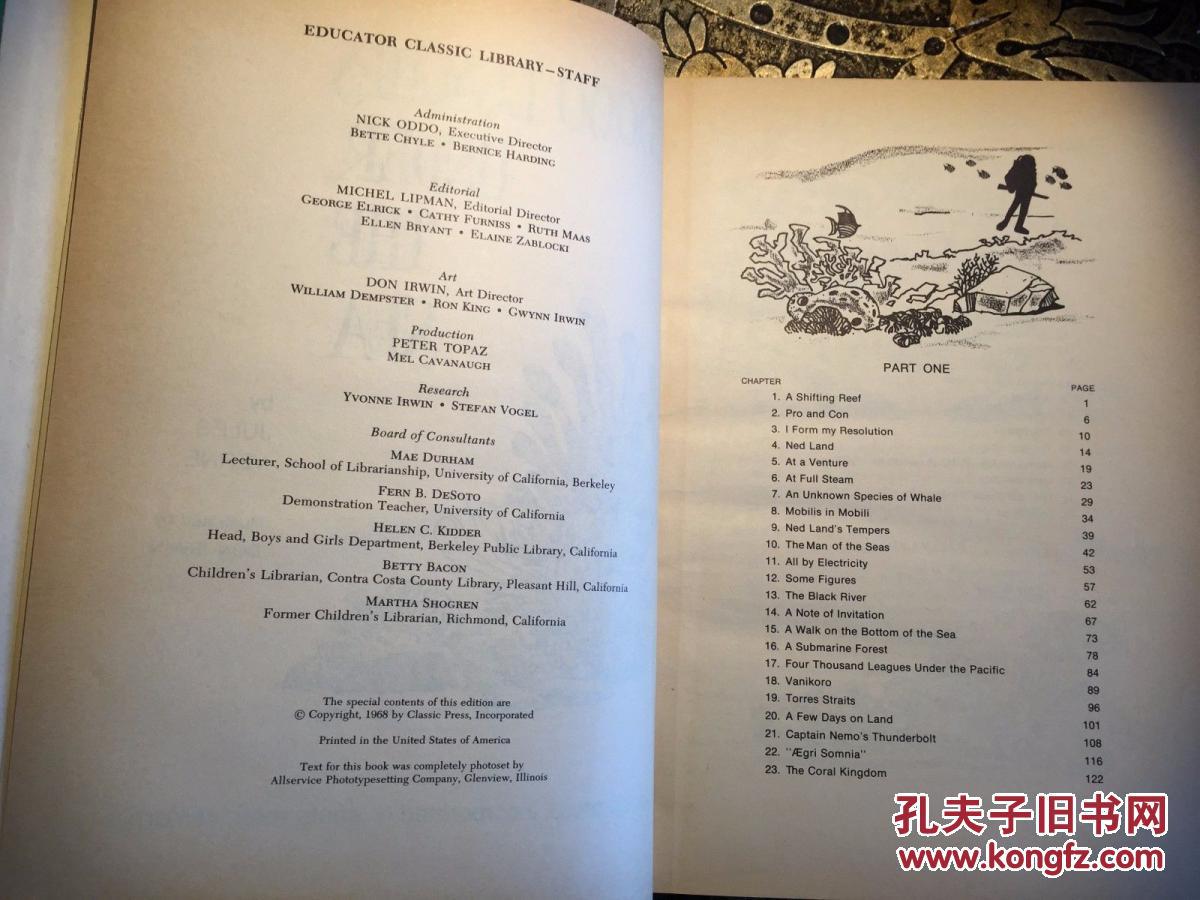 名著， 凡尔纳作品1968年美国出版《 海底两万里》 插图，精装 24开283页