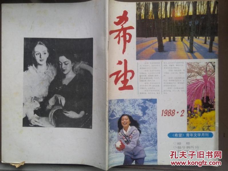 希望，1988年第2期，封面美女，冷红作品，蔡兵版画，沈嘉禄，周根苗，乃禾、万昌言，王政，俞礼荟，邓建楚，丰晓梅，杨继光，张天喜小说，