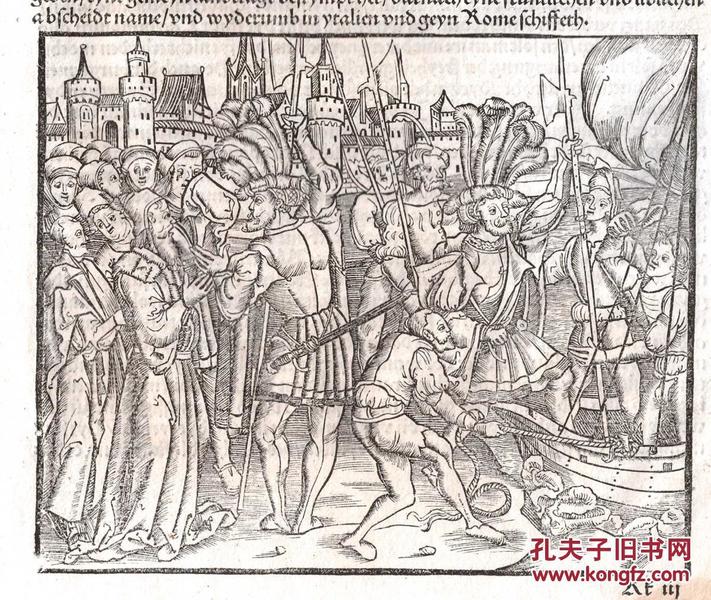 1506年摇篮本时期德国美因茨印刷，蒂托·李维《罗马史》单页，带著名版画雕刻大师格林宁格木刻版画插图