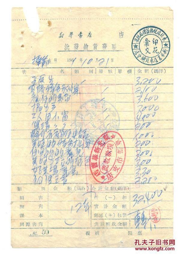 50年代发票----1951年阜新市新华书店批发票（印花汇交）50