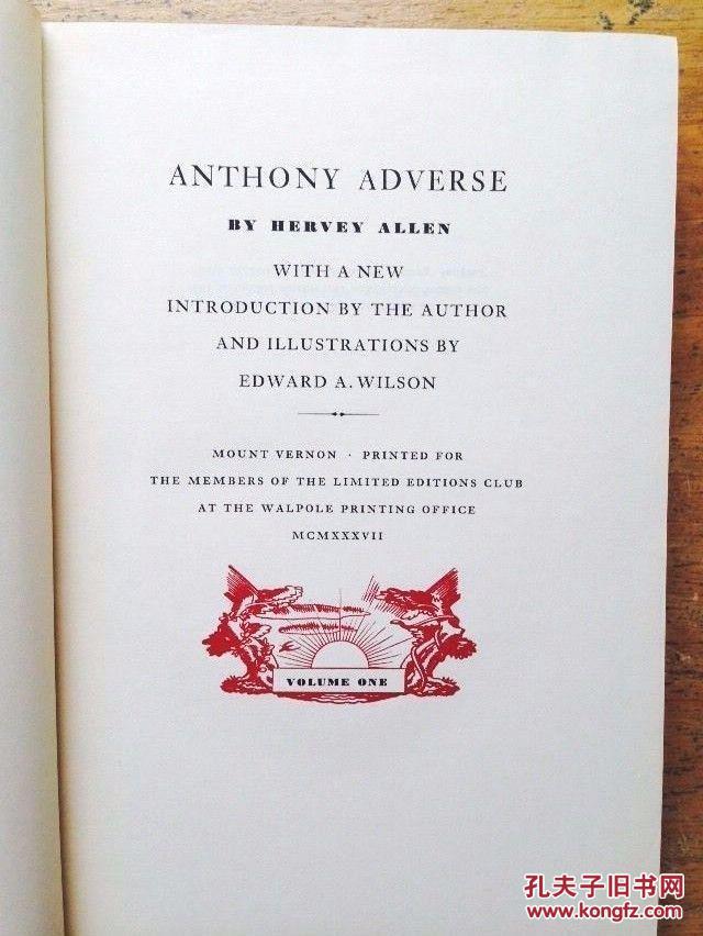 限量签名，赫维·艾伦著，《风流世家 3卷全》Edward A. Wilson版画插图，1937年出版， 精装