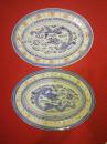 六七十年代景德镇椭圆形青花龙纹米粒点瓷碟——一对合售（30X22厘米）