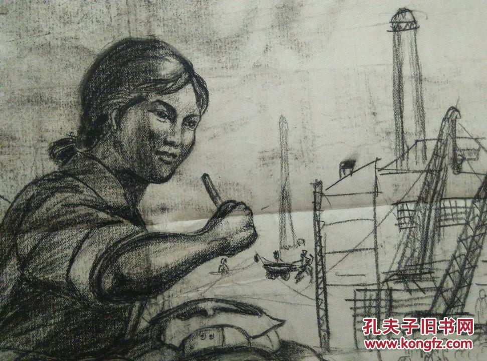 时期炭笔画《写不尽》 尺寸41*39.2cm