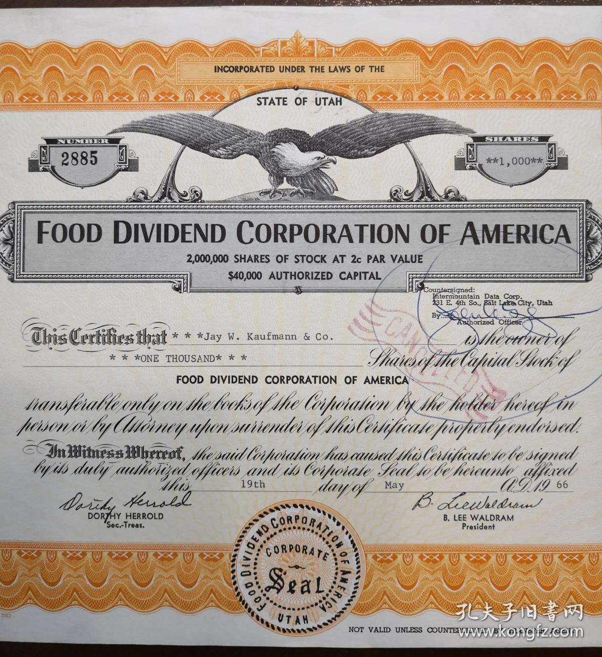 [老股票 美国]  1966年 美国食品股利公司股票一枚  Food Dividend Corporation of America  少见