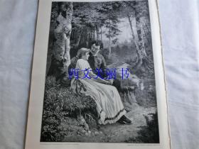 【现货 包邮】1900年木刻版画《在森林小径旁的情侣》（Am waldesrand）  尺寸约41*29厘米 （货号 18022）