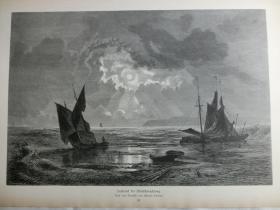 【现货 包邮】1881年木刻版画《海滩月光》（Seestrand bei Mondbeleuchtung）  尺寸约40.8*27.5厘米 （货号M4）