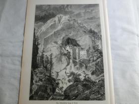 【现货 包邮】1881年木刻版画《山中城堡》（Das Hohlenschlosz Lueg in Krain）  尺寸约40.8*27.5厘米 （货号M4）