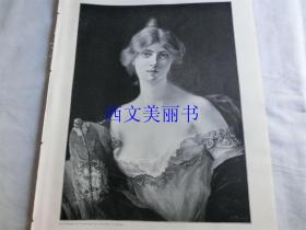 【现货 包邮】1900年木刻版画《美女伊冯娜》（yvonne）  尺寸约41*29厘米  （货号 18022）