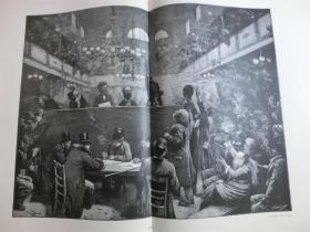 【现货】1888年巨幅木刻版画《在巴黎流行的聚会》（Eine volksversammlung in Paris)尺寸约54.2*40.8厘米 （货号600231）