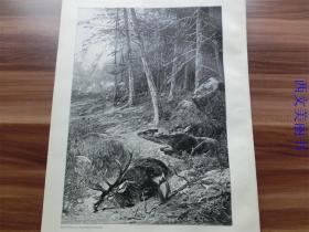 【现货 包邮】1890年木刻版画《狩猎》 （Im treiben）尺寸约41*28厘米（货号 M1）