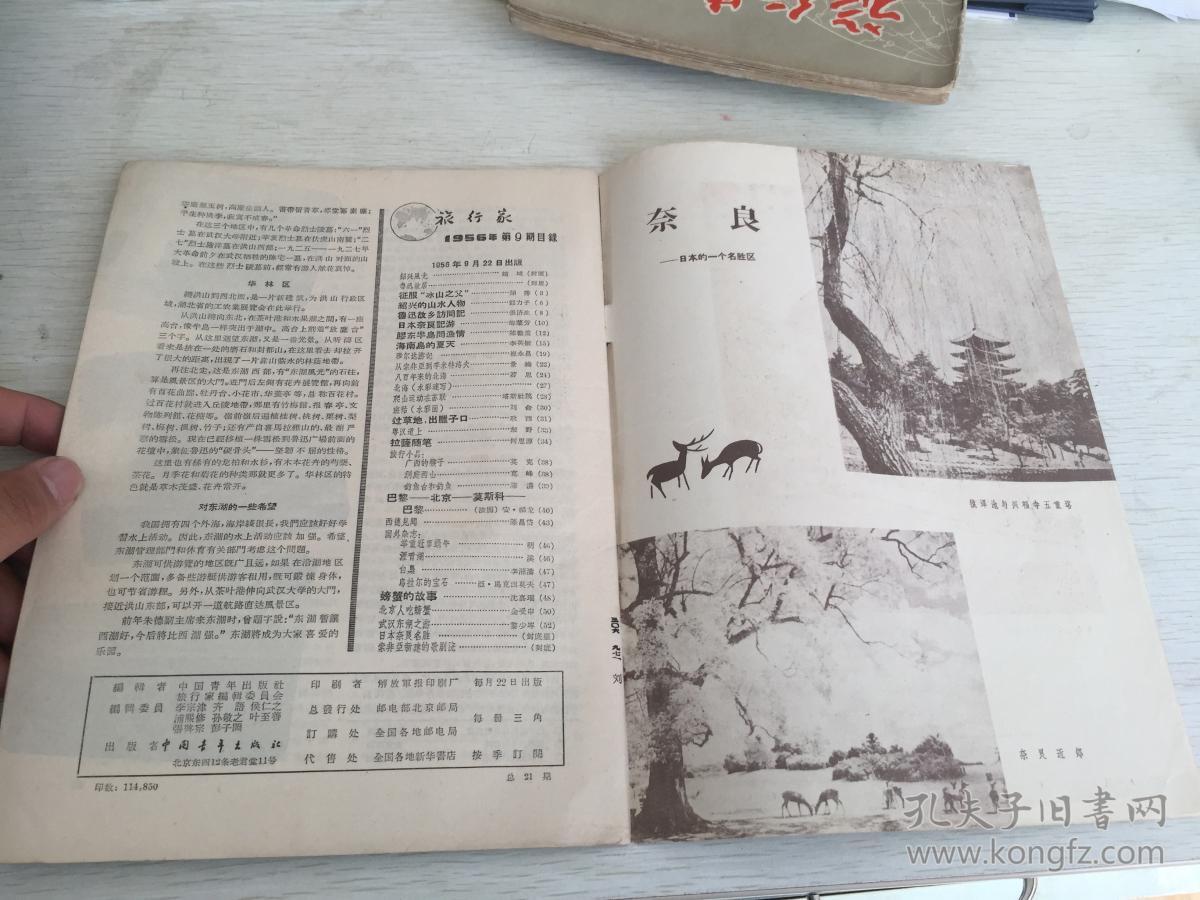 旅行家 杂志 1956年9期，封面 绍兴风光，封里 鲁迅故居，内有征服冰山之父，绍兴的山水人物，鲁迅故乡访问记，胶东半岛问渔情（提到青岛郊区、在芝罘岛，威海和荣成等),海南岛的夏天，八百年来的北海，北海（水彩速写），过草地，出腊子口，粤汉道上，拉萨随笔，广西的猴子，洞庭西山，钓鱼台和钓鱼，沥青湖，北京人吃螃蟹，武汉东湖之游等等