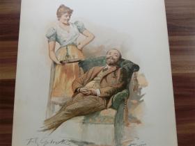 【现货 包邮】1890年套色木刻版画《 晚餐后 》nach dem diner  尺寸约41*29厘米（货号100322）