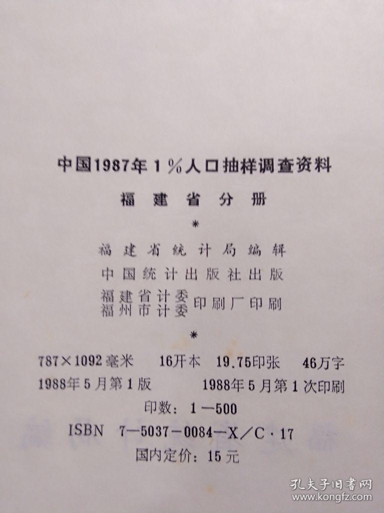 中国1987年1%人口抽样调查资料 福建省分册 1988年一版一印500册 布面精装 品好干净