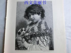 【现货 包邮】1890年木刻版画《女人和狮子狗》 （Die drei Pudelchen） 尺寸约41*28厘米（货号 M2）