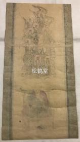 日本老旧佛教木版版画，《佛与僧》1件，该版画线条勾勒简洁，色泽鲜艳而尊贵，布局上上方为佛菩萨，下方为僧，尊卑有次，但高僧像同样突出显眼，佛菩萨似来说法，又似来接迎，高僧作参禅入定状，整个画面精雅无比，暗喻佛法僧三宝，自然成旧，包浆老道，年代久远。