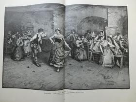 【现货 包邮】1896年巨幅木刻版画《塔兰泰拉舞蹈》（Tarantella ） 尺寸约54.2*40.8厘米  （货号 101066）