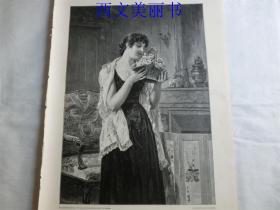 【现货 包邮】1890年木刻版画《爱的问候》 （Liebes gruss） 尺寸约41*28厘米（货号 M2）