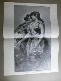【现货】1889年巨幅木刻版画《采摘雏菊的姑娘》（margarethenblumen） 尺寸约54.2*40.8厘米（货号100238）意大利著名画家埃吉斯托·兰斯洛托Egisto Lancerotto绘画作品 附彩色作品以便对比