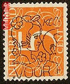 外国邮票-1953年荷兰发行【黄色数字5邮票，美女献花纪念邮戳】难得好盖销邮票