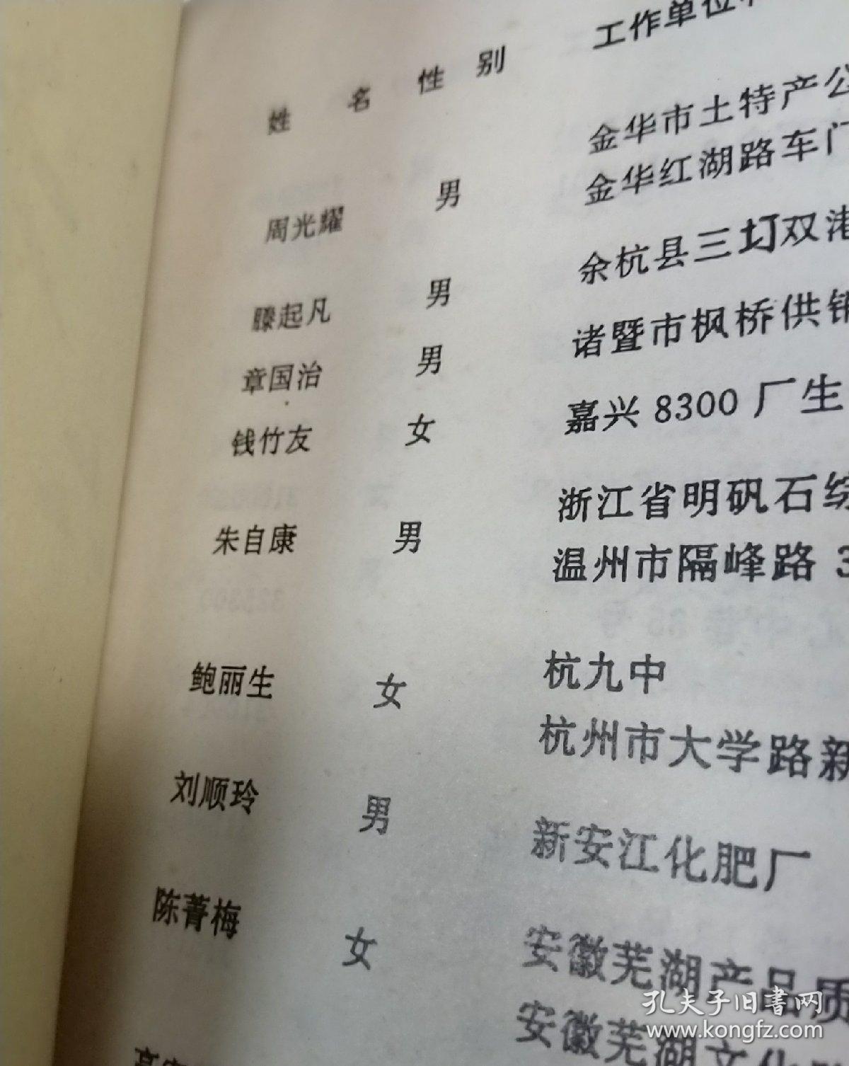 杭州大学 杭大化学系六二届同学录毕业三十周年纪念 徐兆华题 1992年九月 杭大同学通讯有很多姓名